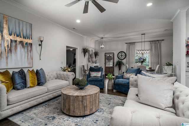11967 Glen Ridge Blvd, Moundville, AL 35474 - living area with ceiling fan, wood finished floors, recessed lighting, and ornamental molding
