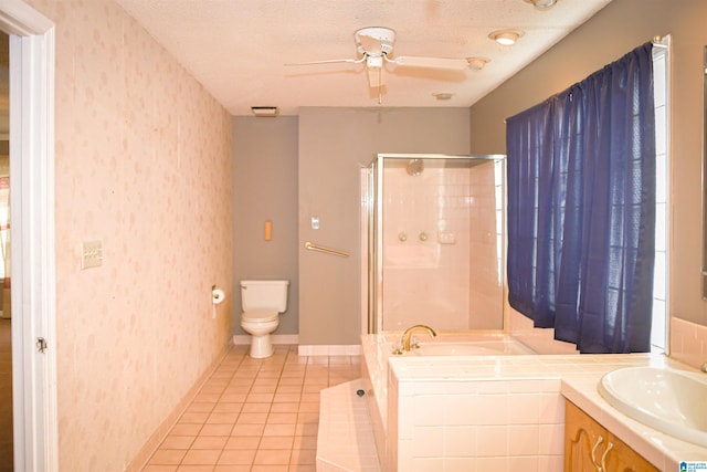201 61st St, Fairfield, AL 35064 - bathroom featuring wallpapered walls, tile patterned floors, a ceiling fan, a bath, and a stall shower