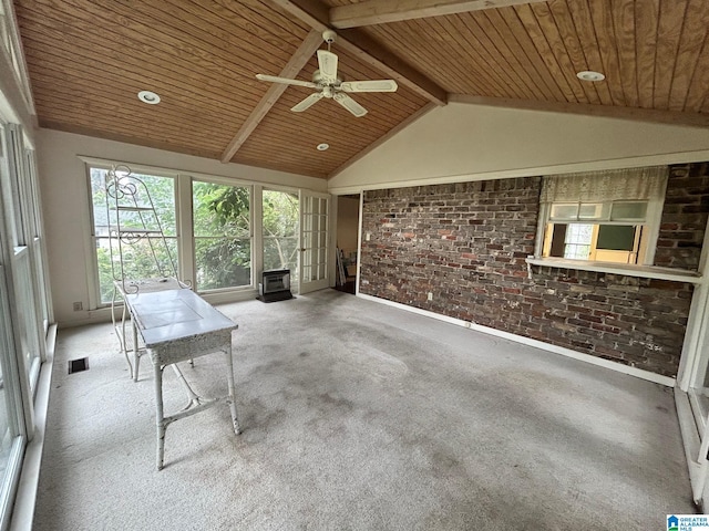 2341 Regent Ln, Hoover, AL 35226 - unfurnished sunroom featuring wood ceiling, brick wall, and carpet flooring