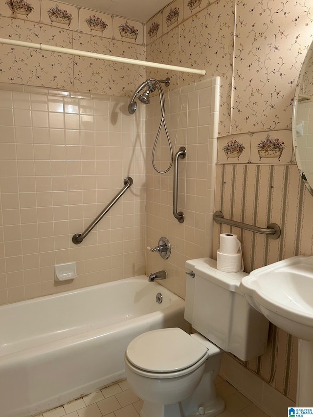 2341 Regent Ln, Hoover, AL 35226 - bathroom with wallpapered walls, tile patterned flooring, and shower / tub combination