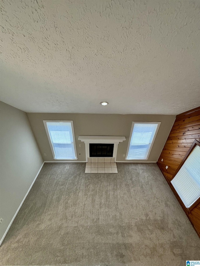1221 Dalraida Rd, Montgomery, AL 36109 - unfurnished living room featuring a textured ceiling, carpet flooring, plenty of natural light, and a fireplace