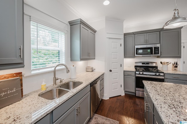 1268 Shades Ter, Irondale, AL 35210 - kitchen featuring stainless steel appliances, gray cabinets, backsplash, crown molding, and recessed lighting