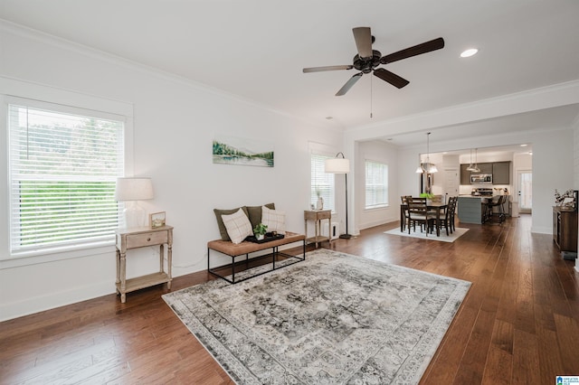 1268 Shades Ter, Irondale, AL 35210 - living area featuring ornamental molding, a ceiling fan, and dark wood-type flooring