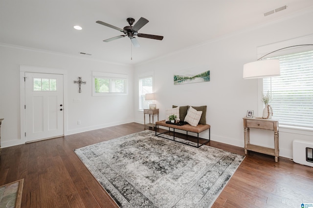 1268 Shades Ter, Irondale, AL 35210 - living area featuring ornamental molding, a ceiling fan, dark wood finished floors, and recessed lighting