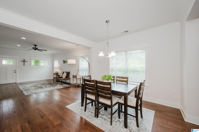 1268 Shades Ter, Irondale, AL 35210 - dining area with dark wood-style floors, crown molding, a chandelier, recessed lighting, and ceiling fan