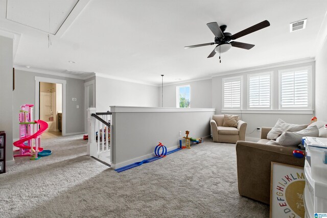 4855 Bo Run, Trussville, AL 35173 - game room with attic access, carpet flooring, ceiling fan, and ornamental molding