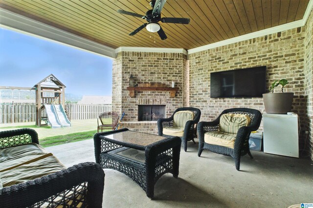4855 Bo Run, Trussville, AL 35173 - view of patio with an outdoor brick fireplace, a playground, and a ceiling fan