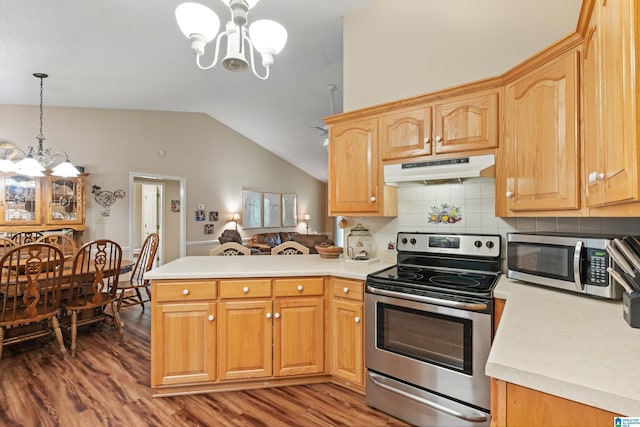 2690 Ingate Pass, Centreville, AL 35042 - kitchen with stainless steel appliances, a chandelier, under cabinet range hood, a peninsula, and vaulted ceiling