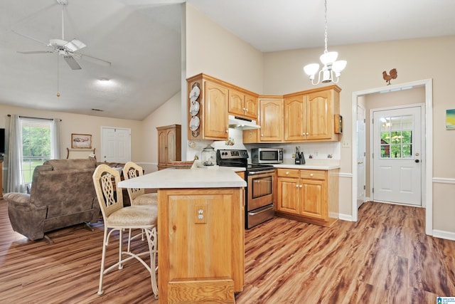 2690 Ingate Pass, Centreville, AL 35042 - kitchen featuring appliances with stainless steel finishes, under cabinet range hood, light wood-style floors, a kitchen breakfast bar, and vaulted ceiling