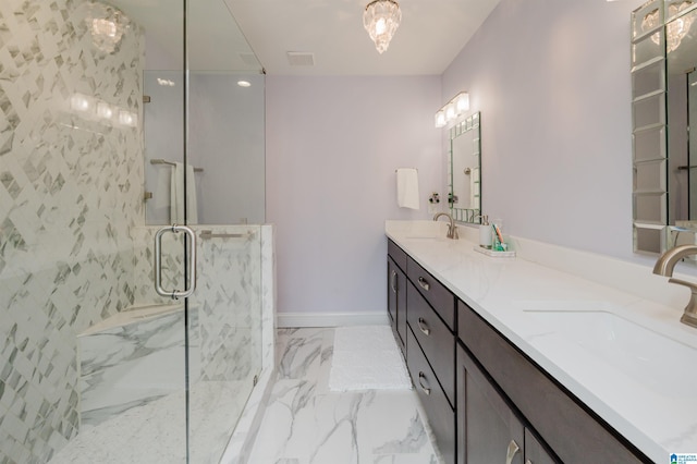 3655 Haven View Cir, Hoover, AL 35216 - bathroom featuring double vanity, a marble finish shower, and marble look tiles