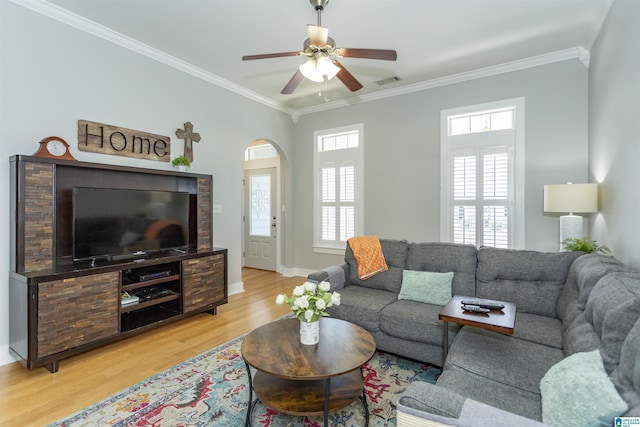 4650 Nicholas Dr, Bessemer, AL 35022 - living area featuring light wood-type flooring, healthy amount of natural light, crown molding, a ceiling fan, and arched walkways