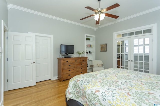 4650 Nicholas Dr, Bessemer, AL 35022 - bedroom with ornamental molding, light wood finished floors, french doors, and ceiling fan