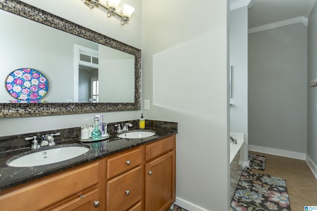 4650 Nicholas Dr, Bessemer, AL 35022 - full bath featuring crown molding, double vanity, tile patterned flooring, and a bath