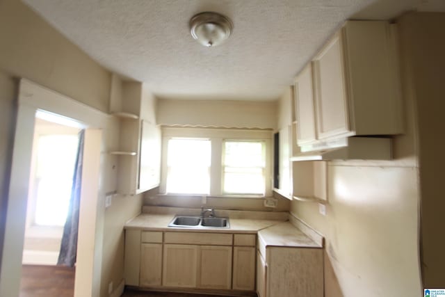 1420 47th St, Birmingham, AL 35208 - kitchen with a textured ceiling, light countertops, open shelves, and light brown cabinets