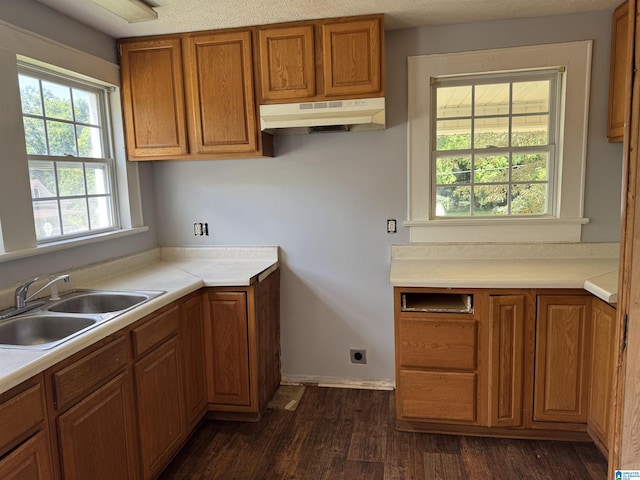 319 Lapsley Ave, Anniston, AL 36207 - kitchen with under cabinet range hood, brown cabinetry, dark wood finished floors, and light countertops