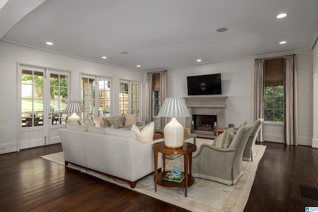3600 Park Ln S, Mountain Brook, AL 35213 - living room featuring recessed lighting, wood finished floors, plenty of natural light, a fireplace, and crown molding