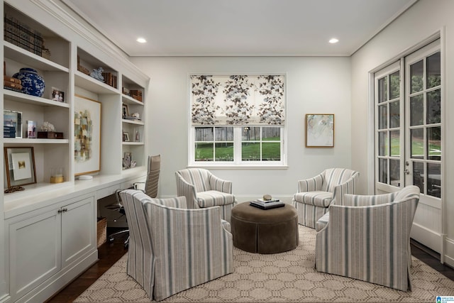 3600 Park Ln S, Mountain Brook, AL 35213 - sitting room featuring built in study area, wood finished floors, recessed lighting, and crown molding