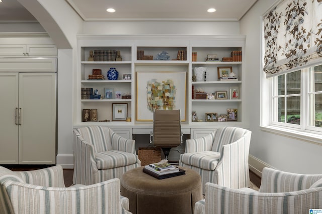 3600 Park Ln S, Mountain Brook, AL 35213 - sitting room featuring arched walkways, wood finished floors, and built in features