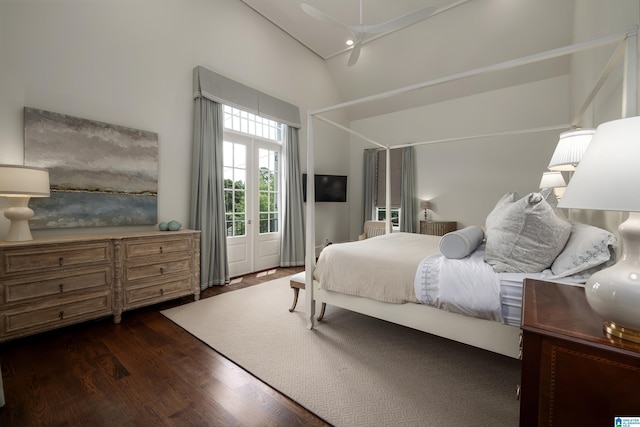 3600 Park Ln S, Mountain Brook, AL 35213 - bedroom featuring dark wood finished floors, high vaulted ceiling, and a ceiling fan