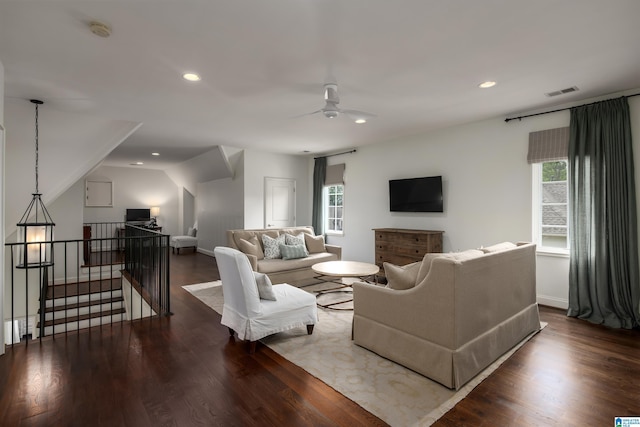 3600 Park Ln S, Mountain Brook, AL 35213 - living room featuring ceiling fan, wood finished floors, and recessed lighting
