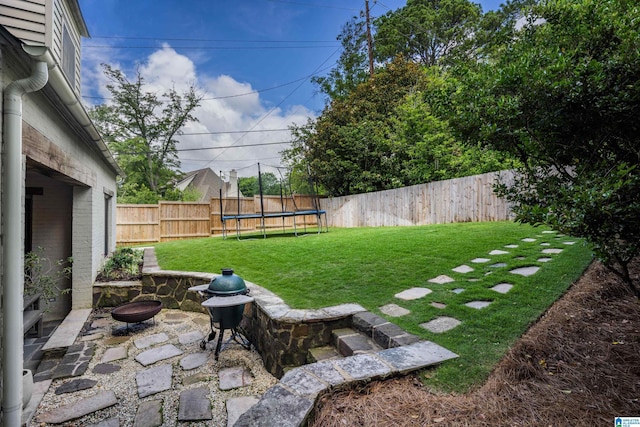 3600 Park Ln S, Mountain Brook, AL 35213 - fenced backyard with a trampoline, an outdoor fire pit, and a patio area
