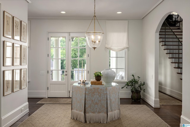 3600 Park Ln S, Mountain Brook, AL 35213 - entrance foyer with plenty of natural light, stairs, dark wood finished floors, recessed lighting, and ornamental molding