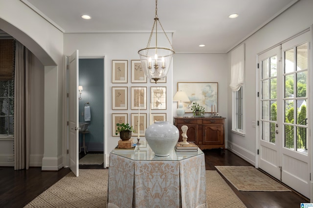 3600 Park Ln S, Mountain Brook, AL 35213 - home office with arched walkways, plenty of natural light, wood finished floors, a chandelier, and recessed lighting