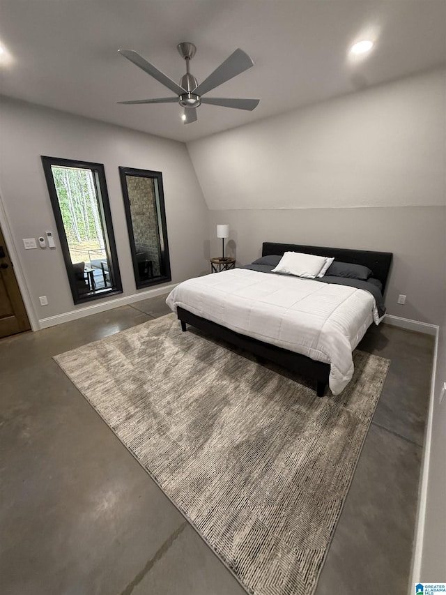 1926 County Road 621 S, Woodland, AL 36280 - bedroom featuring concrete floors, recessed lighting, lofted ceiling, and a ceiling fan