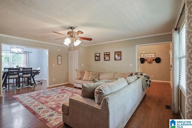 2089 Edenwood Cir, Hueytown, AL 35023 - living area featuring healthy amount of natural light, a textured ceiling, ceiling fan, wood finished floors, and crown molding