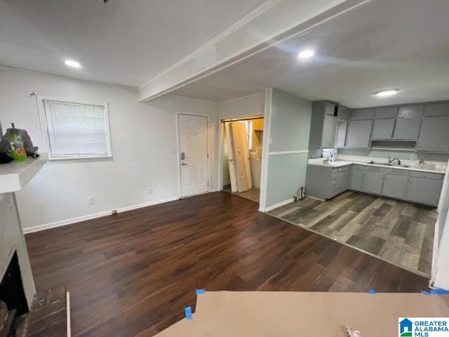 1637 17th St SW, Birmingham, AL 35211 - kitchen with gray cabinets, dark wood finished floors, recessed lighting, and light countertops