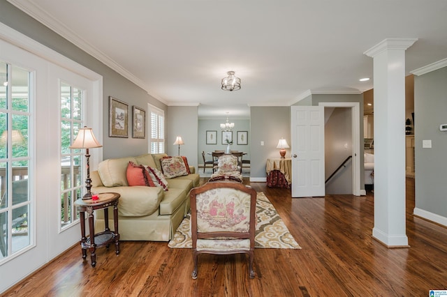3764 Valley Head Rd, Mountain Brook, AL 35223 - living room with wood finished floors, a chandelier, ornamental molding, and recessed lighting