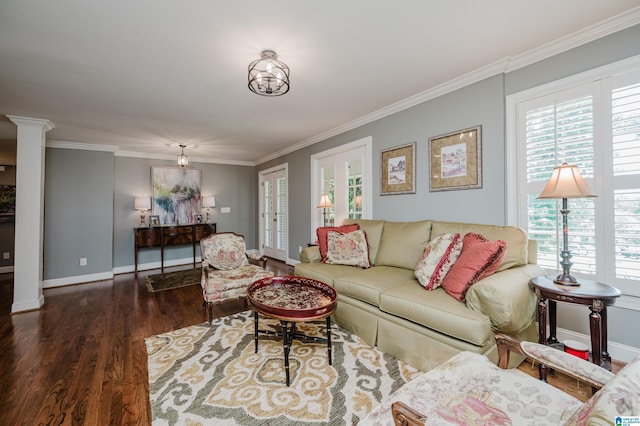 3764 Valley Head Rd, Mountain Brook, AL 35223 - living area with wood finished floors, crown molding, and decorative columns