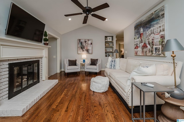 3764 Valley Head Rd, Mountain Brook, AL 35223 - living area with ceiling fan, vaulted ceiling, wood finished floors, a fireplace, and built in features