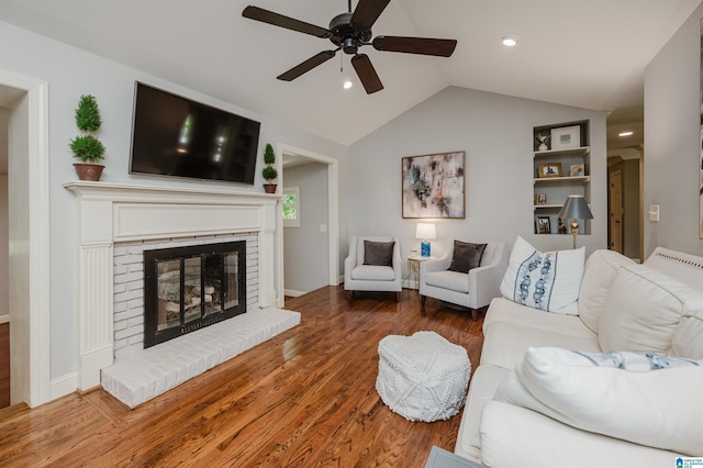 3764 Valley Head Rd, Mountain Brook, AL 35223 - living room featuring a ceiling fan, wood finished floors, vaulted ceiling, a brick fireplace, and recessed lighting