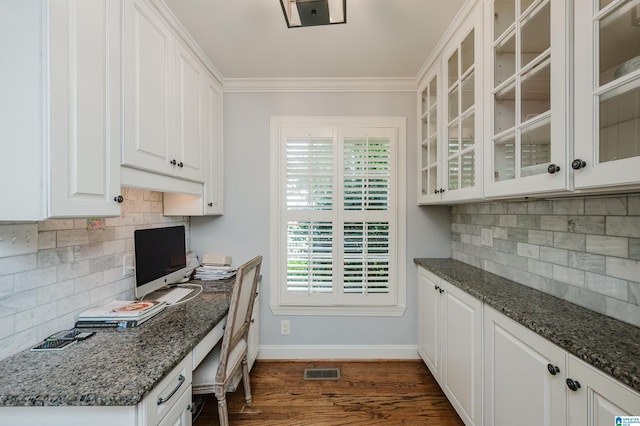 3764 Valley Head Rd, Mountain Brook, AL 35223 - kitchen featuring dark wood-style floors, backsplash, glass insert cabinets, white cabinets, and crown molding