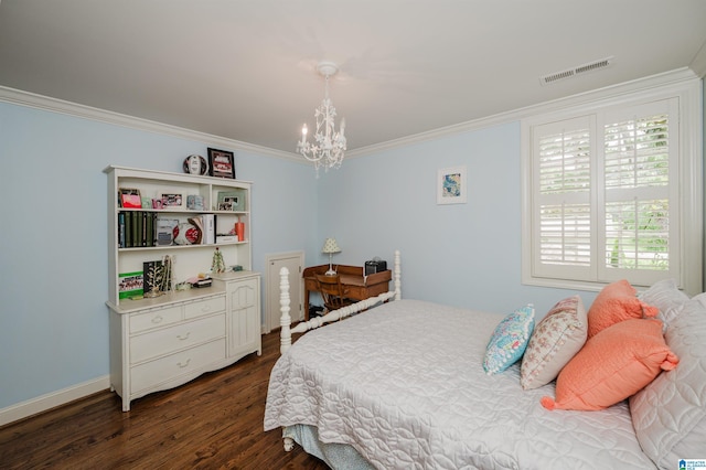 3764 Valley Head Rd, Mountain Brook, AL 35223 - bedroom with crown molding, a chandelier, and dark wood-type flooring