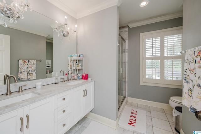 3764 Valley Head Rd, Mountain Brook, AL 35223 - full bathroom featuring marble look tiles, a chandelier, an enclosed shower, double vanity, and crown molding