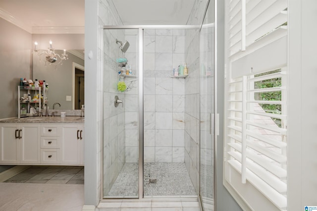 3764 Valley Head Rd, Mountain Brook, AL 35223 - full bathroom with ornamental molding, vanity, a shower stall, and a chandelier