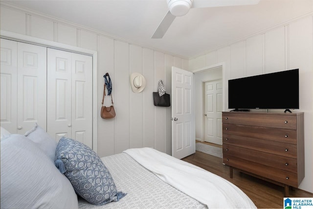 4017 Montclair Rd Unit 0, Birmingham, AL 35213 - bedroom with wood finished floors, a closet, a decorative wall, and a ceiling fan