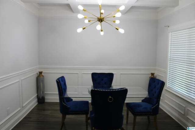 6284 Fieldbrook Cir, Mccalla, AL 35111 - dining space with a chandelier, healthy amount of natural light, a decorative wall, dark wood-style flooring, and beamed ceiling