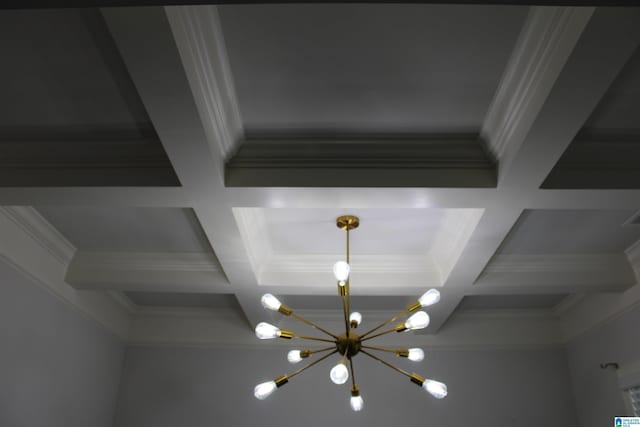6284 Fieldbrook Cir, Mccalla, AL 35111 - detailed view of coffered ceiling, a chandelier, crown molding, and beamed ceiling