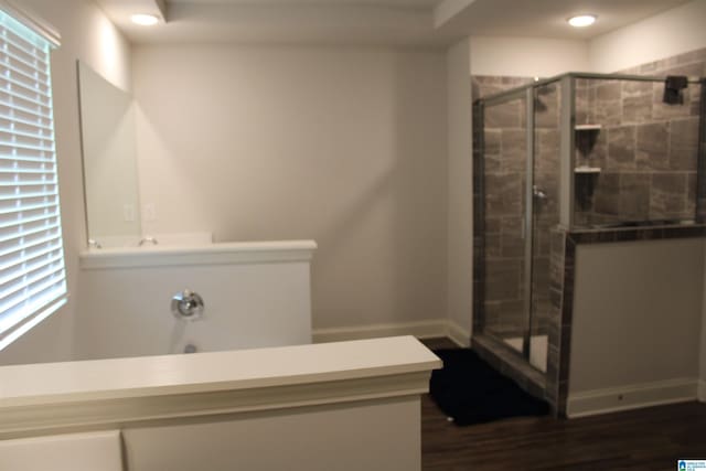 6284 Fieldbrook Cir, Mccalla, AL 35111 - bathroom with a stall shower, vanity, and wood finished floors