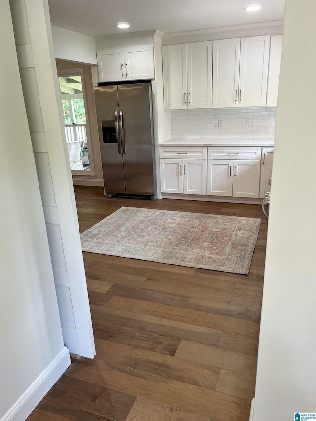 2233 Great Rock Rd, Vestavia Hills, AL 35216 - kitchen featuring stainless steel fridge with ice dispenser, white cabinetry, tasteful backsplash, recessed lighting, and dark wood finished floors