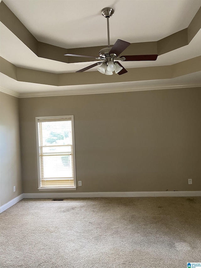 22917 Country Ridge Parkway, Mccalla, AL 35111 - spare room with crown molding, a raised ceiling, carpet, and ceiling fan