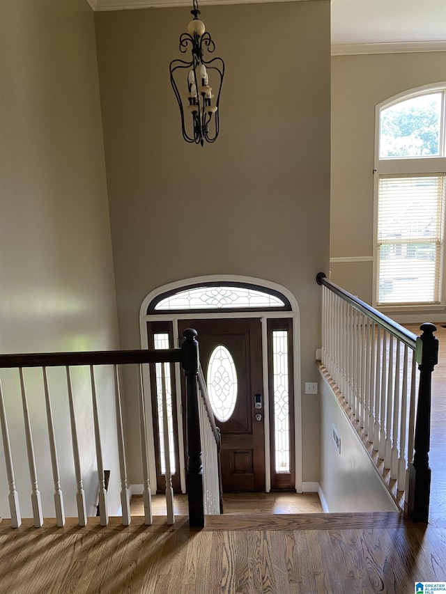 22917 Country Ridge Parkway, Mccalla, AL 35111 - entryway featuring a chandelier, wood finished floors, crown molding, and a high ceiling