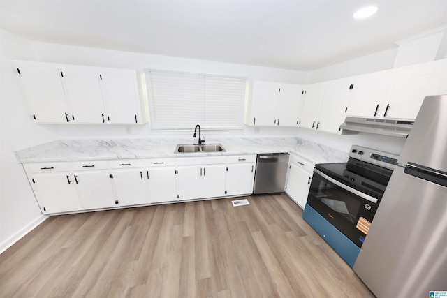 805 Jacksonville St, Weaver, AL 36277 - kitchen featuring stainless steel appliances, under cabinet range hood, light wood-type flooring, white cabinets, and recessed lighting