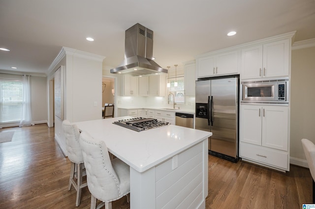 110 Pine Cliff Cir, Hoover, AL 35226 - kitchen with stainless steel appliances, island range hood, a kitchen island, white cabinetry, and recessed lighting