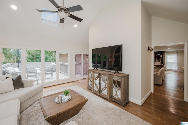 110 Pine Cliff Cir, Hoover, AL 35226 - living area with high vaulted ceiling, a ceiling fan, healthy amount of natural light, wood finished floors, and recessed lighting