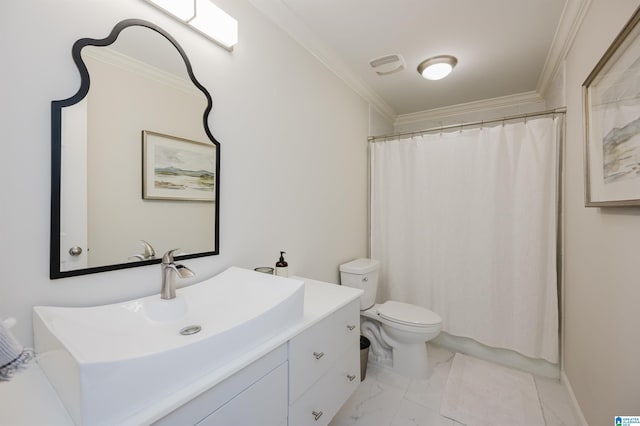 110 Pine Cliff Cir, Hoover, AL 35226 - full bath with vanity, crown molding, marble finish floors, and a shower with curtain