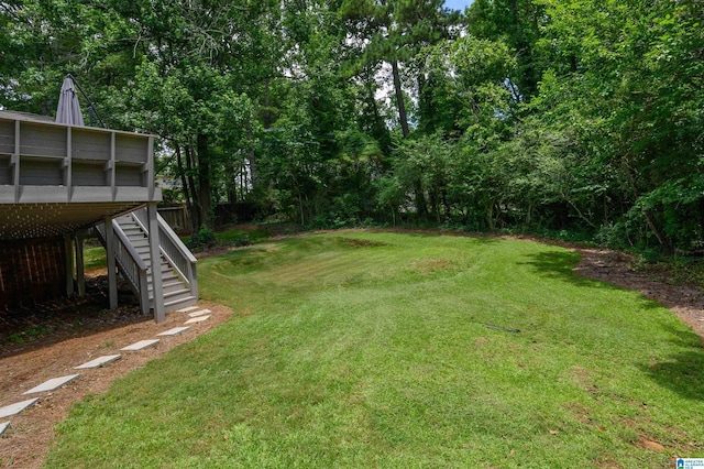 110 Pine Cliff Cir, Hoover, AL 35226 - view of green lawn with stairway and a wooden deck